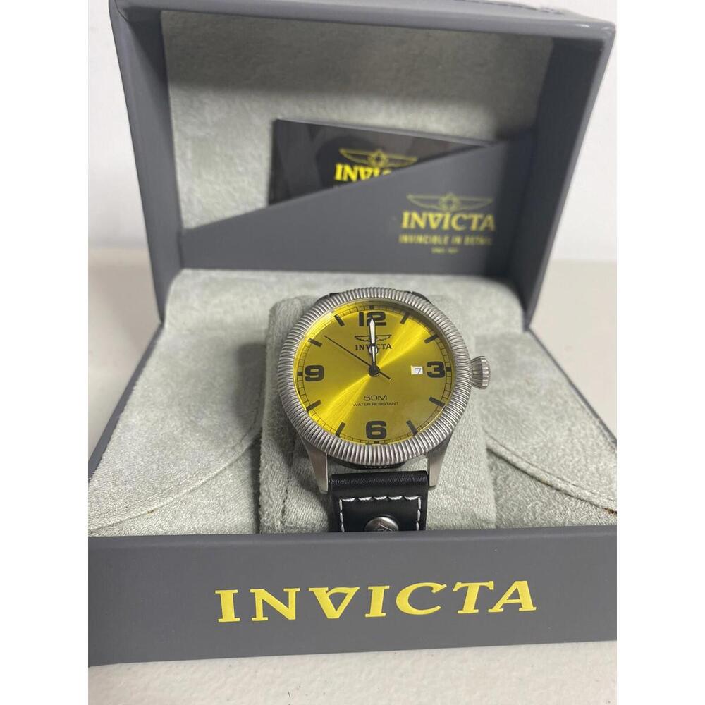 Invicta 1462 Specialty Yellow Dial Leather Strap 45MM 50M Watch